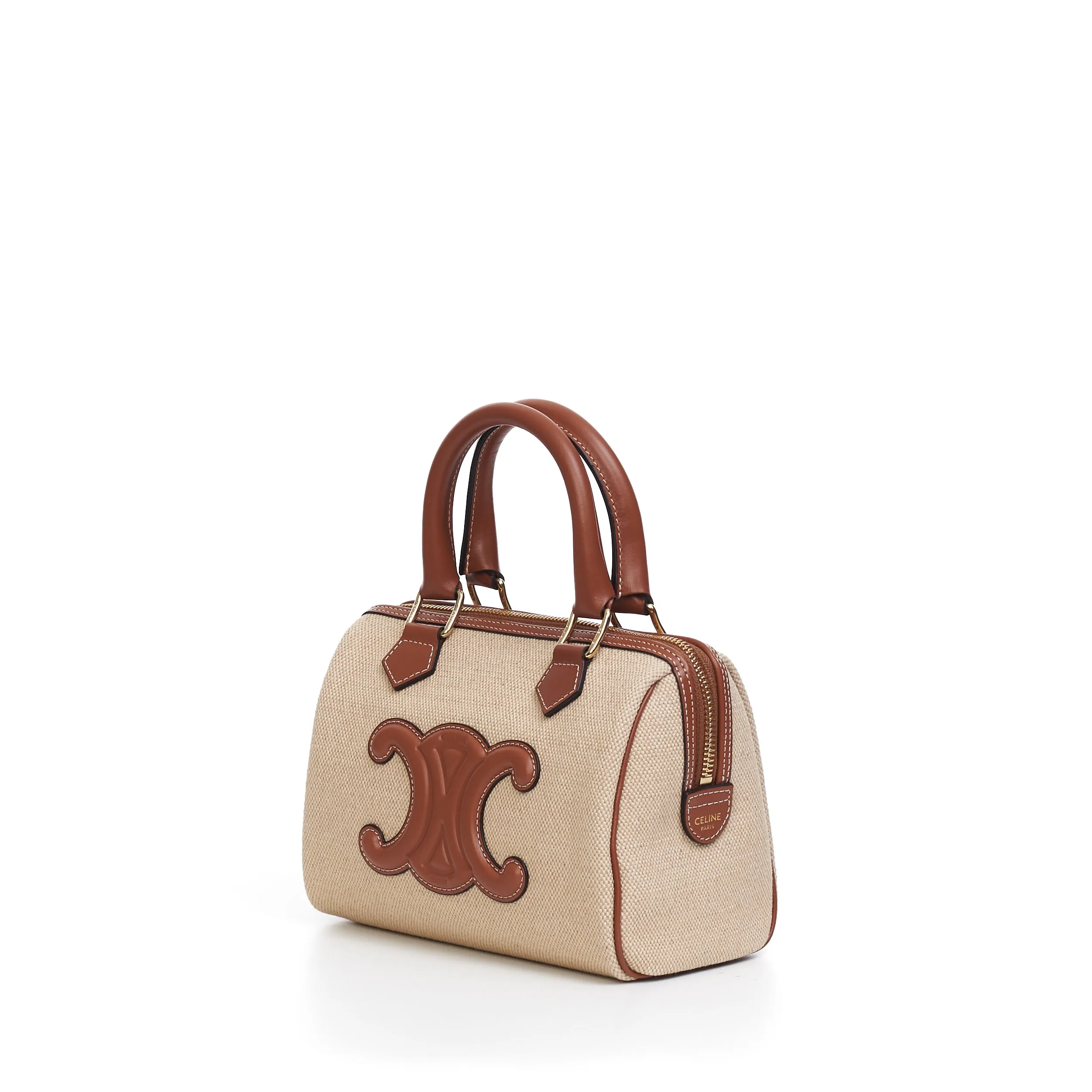 Small Boston Cuir Triomphe In Natural Textile And Tan Brown Calfskin