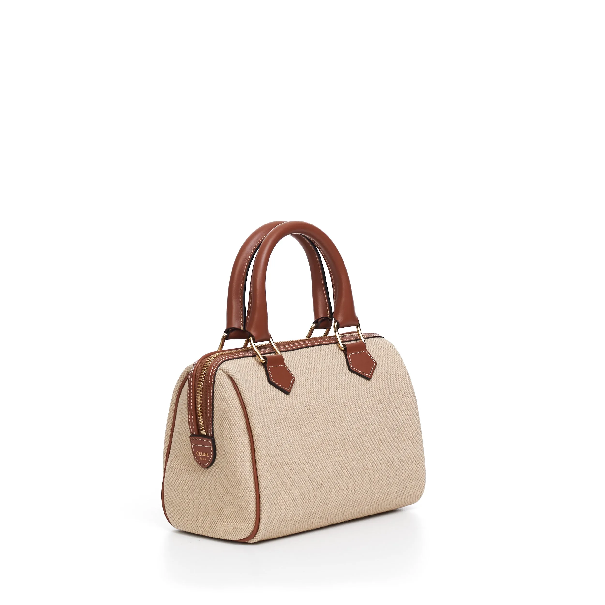 Small Boston Cuir Triomphe In Natural Textile And Tan Brown Calfskin