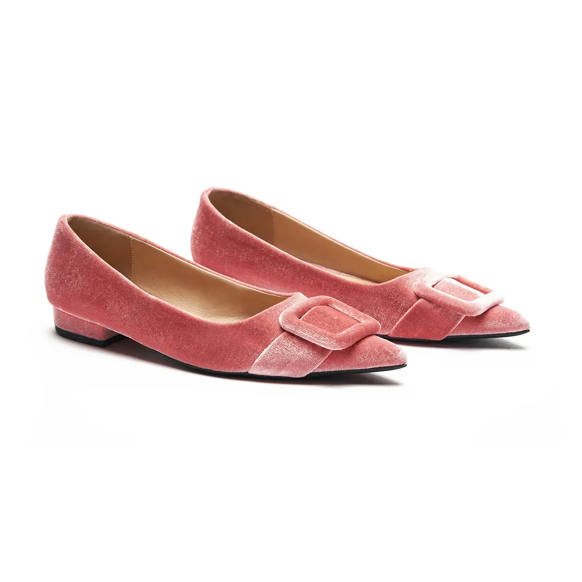 Square Buckle Velvet Flats (Aida)