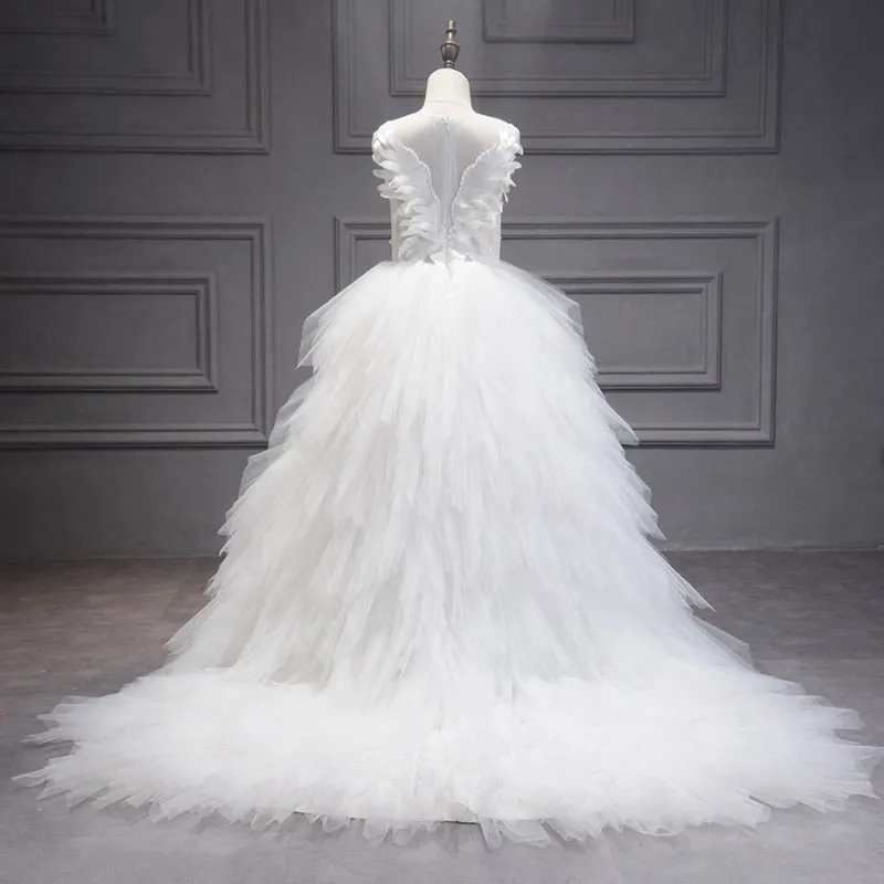Swan Crystal Asymmetrical Tulle Ball Gown First Holy Communion Flower Girl Dress