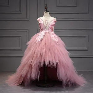 Swan Crystal Asymmetrical Tulle Ball Gown First Holy Communion Flower Girl Dress