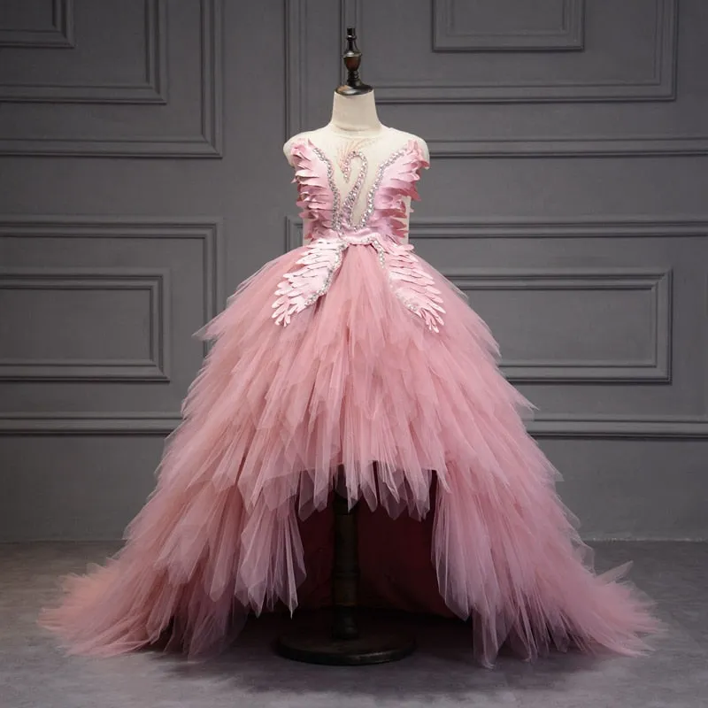 Swan Crystal Asymmetrical Tulle Ball Gown First Holy Communion Flower Girl Dress