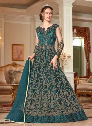 Teal and Gold Heavy Embroidered Lehenga/ Pant Style Anarkali