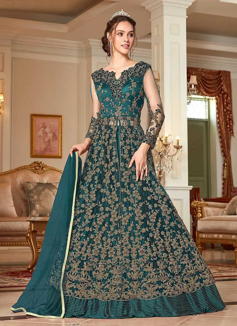 Teal and Gold Heavy Embroidered Lehenga/ Pant Style Anarkali