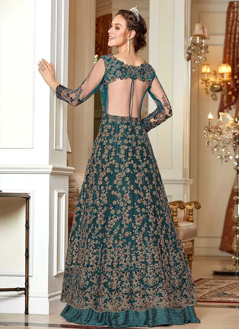 Teal and Gold Heavy Embroidered Lehenga/ Pant Style Anarkali