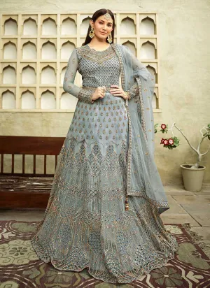 Teal Blue Heavy Embroidered Gown Style Anarkali