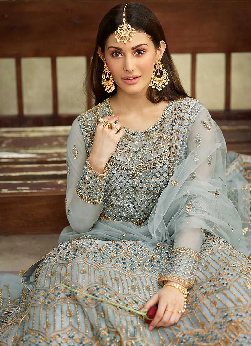 Teal Blue Heavy Embroidered Gown Style Anarkali