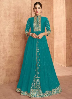 Teal Heavy Embroidered Slit Style Lehenga Anarkali