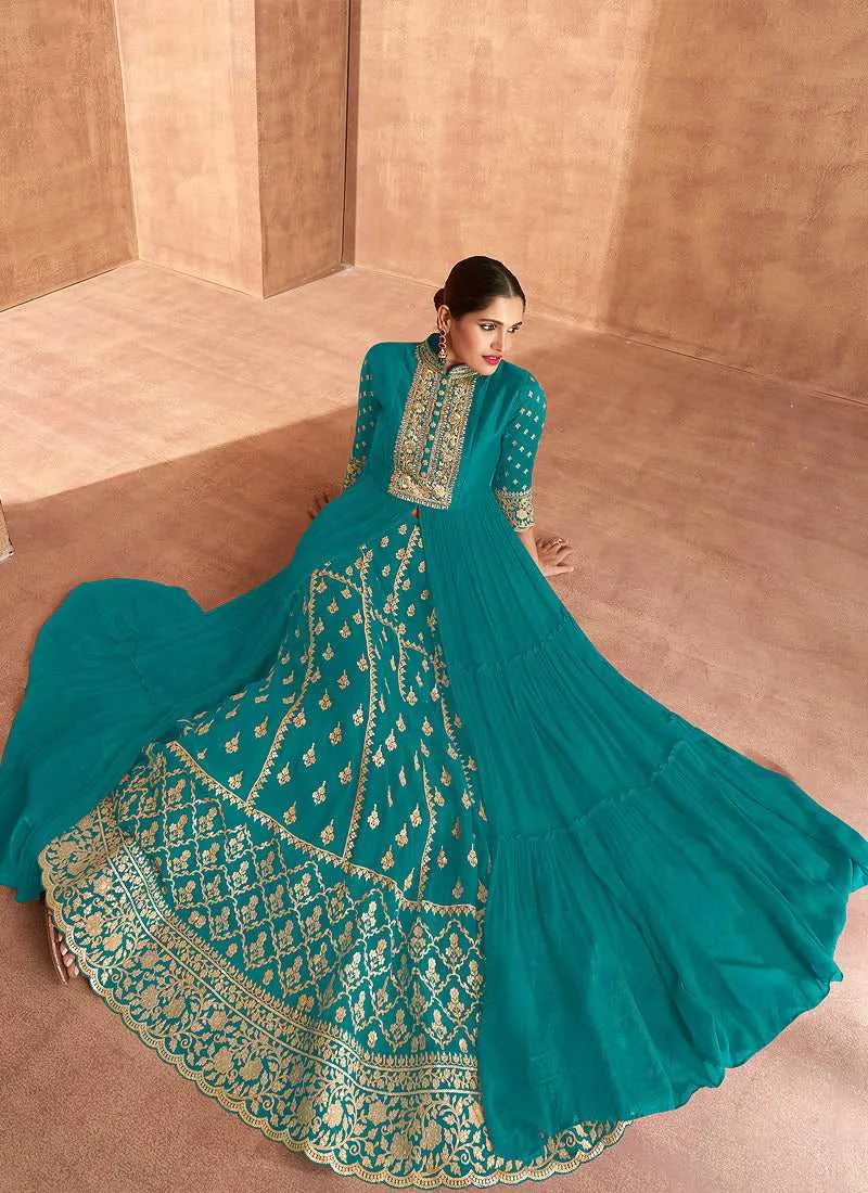 Teal Heavy Embroidered Slit Style Lehenga Anarkali