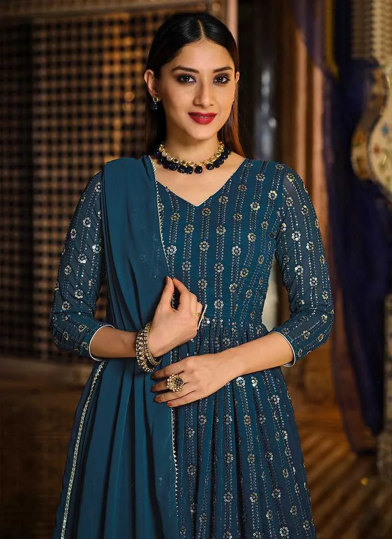 Teal Sequin Embroidered Lehenga Style Anarkali