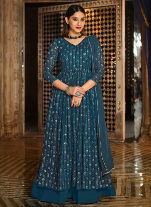 Teal Sequin Embroidered Lehenga Style Anarkali