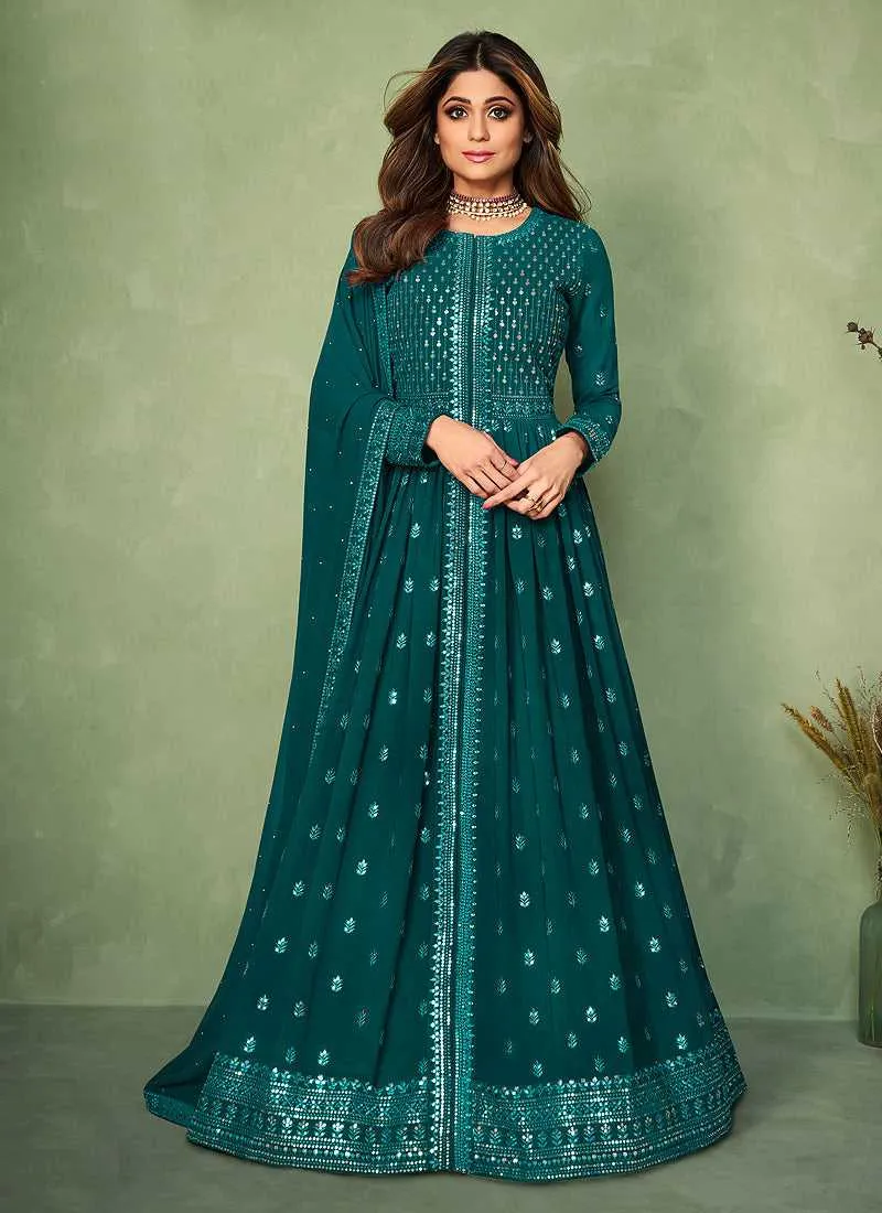 Teal Sequins Embroidered Jacket Style Anarkali Suit