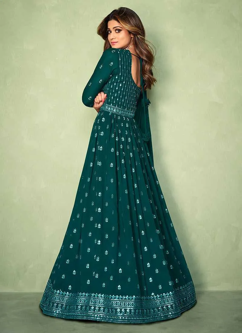 Teal Sequins Embroidered Jacket Style Anarkali Suit