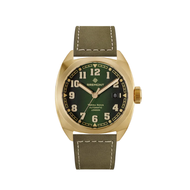 Terra Nova 40.5mm Date Bronze Green Dial Leather Strap