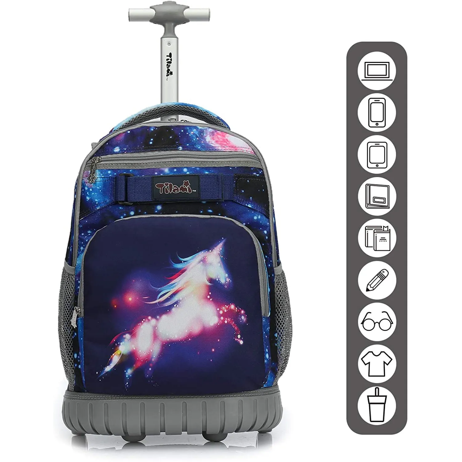 Tilami Deep Blue Galaxy Unicorn 19 inch Rolling Backpack For Kids