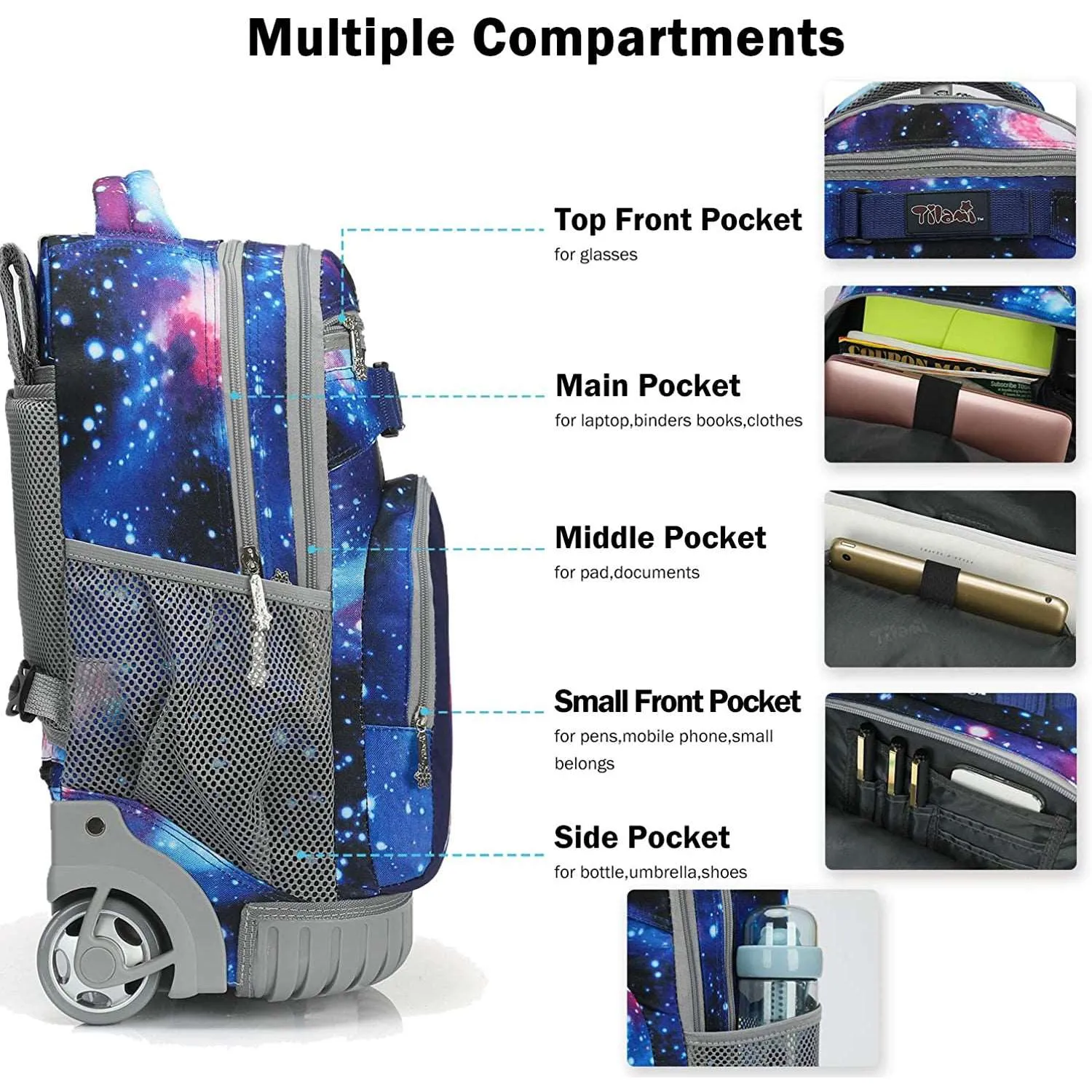 Tilami Deep Blue Galaxy Unicorn 19 inch Rolling Backpack For Kids