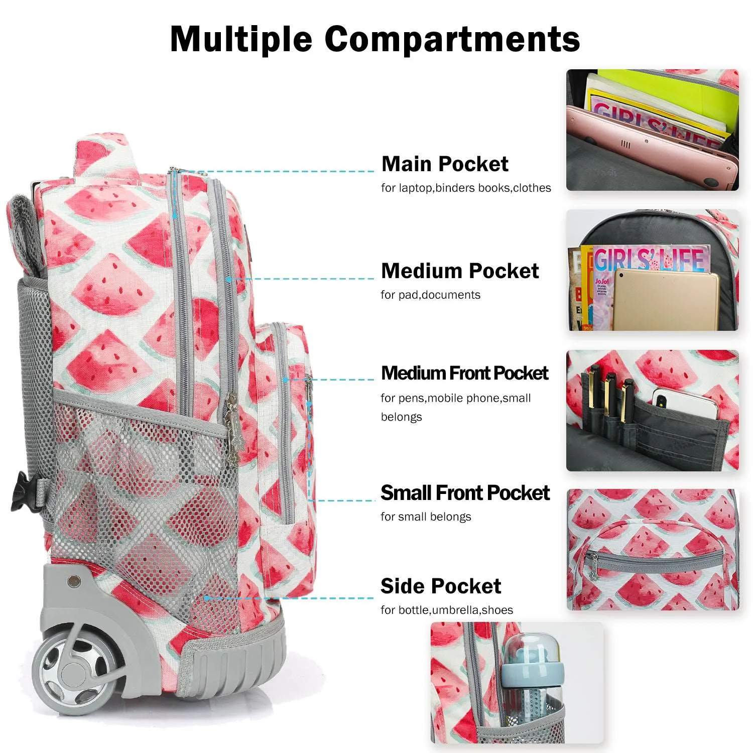 Tilami Pink Cute Watermelon 19 inch Kids Rolling Backpack
