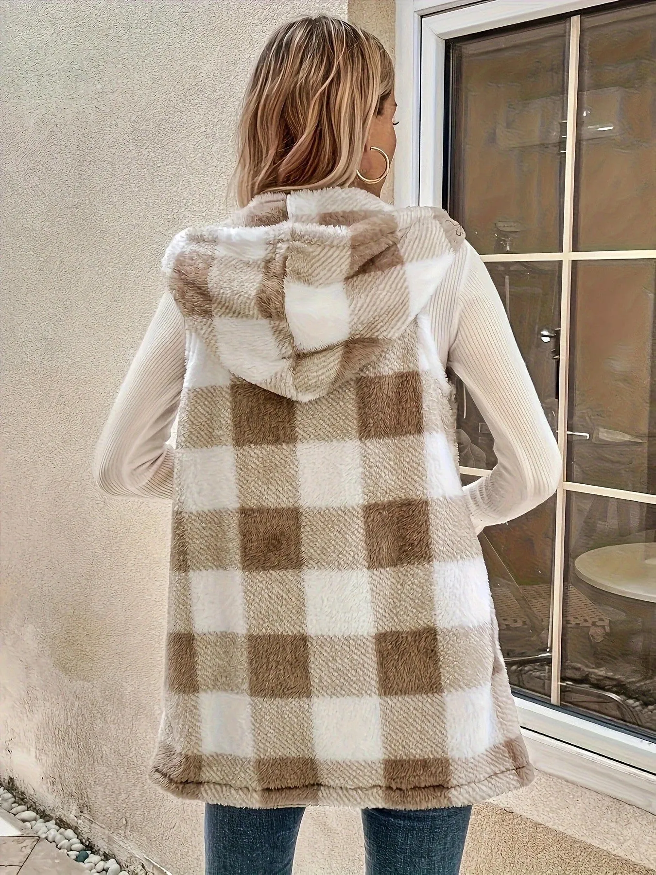 Two Tone Plaid Hooded Plush Waistcoat