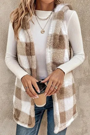 Two Tone Plaid Hooded Plush Waistcoat