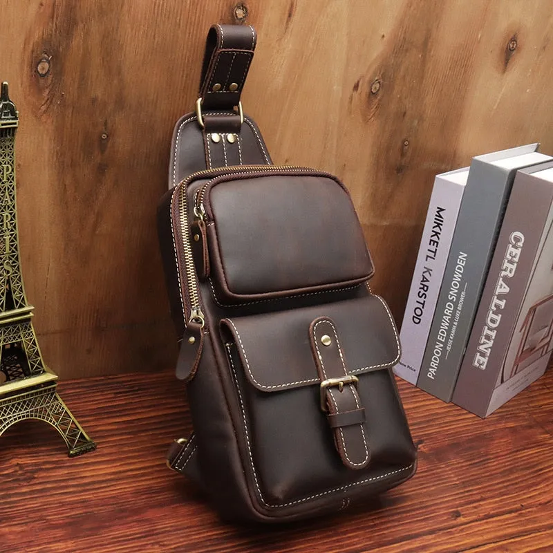 Vintage Genuine Leather Chest Bag Crossbody Bag Sling Bag in Dark Brown