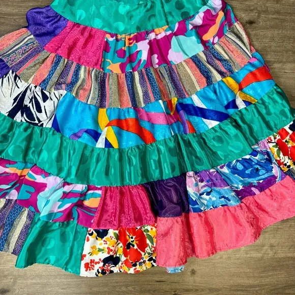 Vintage handmade quilt effect full skirt Bright patterned patchwork circle skirt