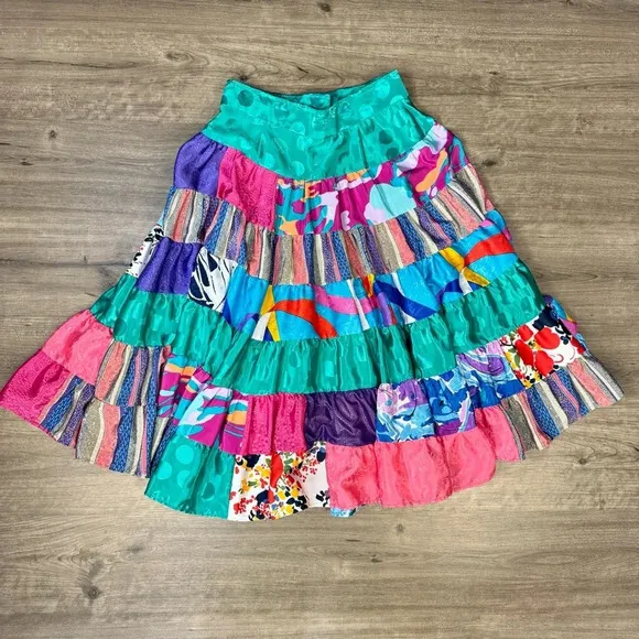 Vintage handmade quilt effect full skirt Bright patterned patchwork circle skirt