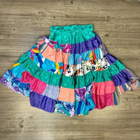 Vintage handmade quilt effect full skirt Bright patterned patchwork circle skirt