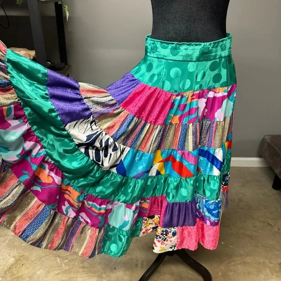 Vintage handmade quilt effect full skirt Bright patterned patchwork circle skirt