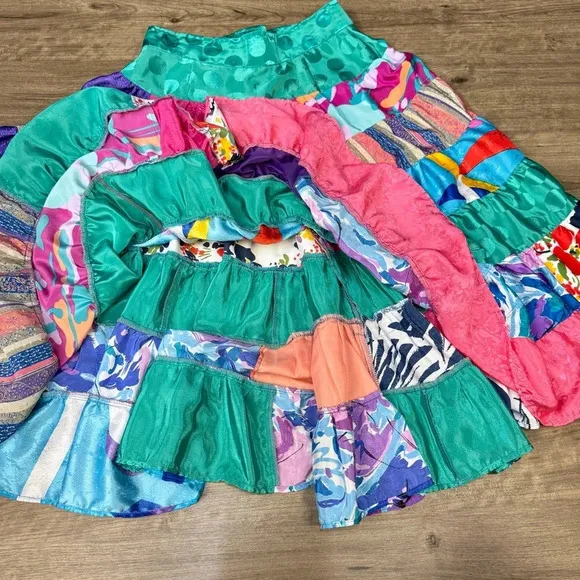 Vintage handmade quilt effect full skirt Bright patterned patchwork circle skirt