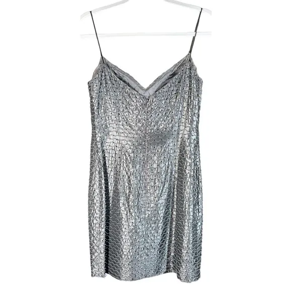 Vintage Niteline 90s Y2K Gunmetal Grey All Over Beaded Mini Body Con Dress 4