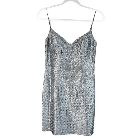 Vintage Niteline 90s Y2K Gunmetal Grey All Over Beaded Mini Body Con Dress 4