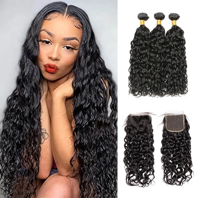 Wavymy Affordable Virgin Human Hair Water Wave 3 Bundles With 4x4 Lace Closure