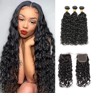 Wavymy Affordable Virgin Human Hair Water Wave 3 Bundles With 4x4 Lace Closure