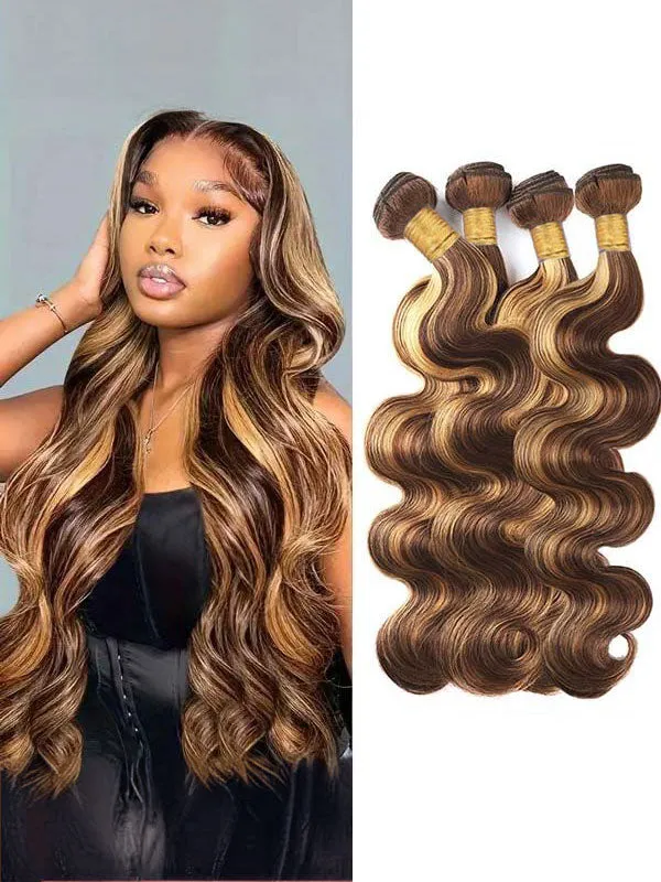 Wavymy Virgin Human Hair 4/27 Honey Blonde Highlight Color Weave 3 Bundles With 4x4 Lace Closure