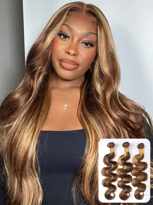 Wavymy Virgin Human Hair 4/27 Honey Blonde Highlight Color Weave 3 Bundles With 4x4 Lace Closure