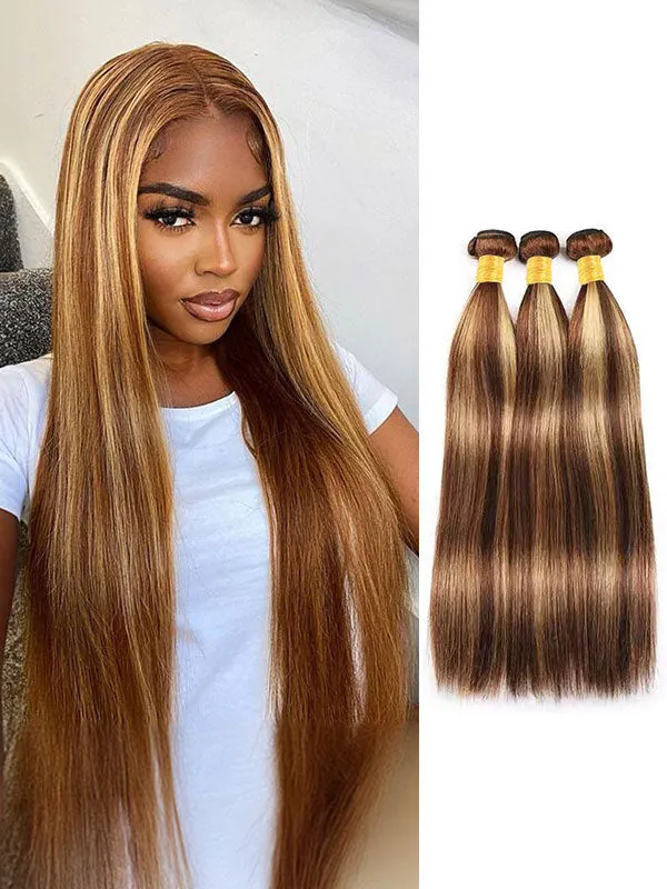 Wavymy Virgin Human Hair 4/27 Honey Blonde Highlight Color Weave 3 Bundles With 4x4 Lace Closure