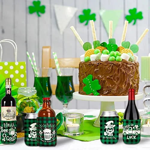 Whaline 10Pcs St. Patrick's Day Can Sleeves Green Black Buffalo Plaid Can Covers Lucky Shamrock Beer White Prints Neoprene Thermocoolers for Beverages Bottles Cans Decor Irish Party Favor Supplies