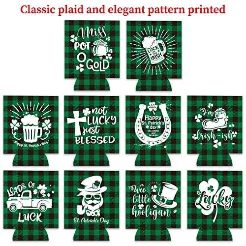 Whaline 10Pcs St. Patrick's Day Can Sleeves Green Black Buffalo Plaid Can Covers Lucky Shamrock Beer White Prints Neoprene Thermocoolers for Beverages Bottles Cans Decor Irish Party Favor Supplies