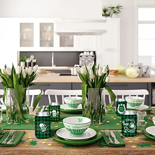 Whaline 10Pcs St. Patrick's Day Can Sleeves Green Black Buffalo Plaid Can Covers Lucky Shamrock Beer White Prints Neoprene Thermocoolers for Beverages Bottles Cans Decor Irish Party Favor Supplies
