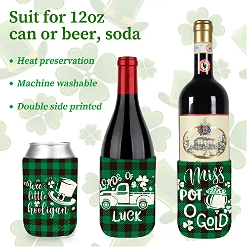 Whaline 10Pcs St. Patrick's Day Can Sleeves Green Black Buffalo Plaid Can Covers Lucky Shamrock Beer White Prints Neoprene Thermocoolers for Beverages Bottles Cans Decor Irish Party Favor Supplies