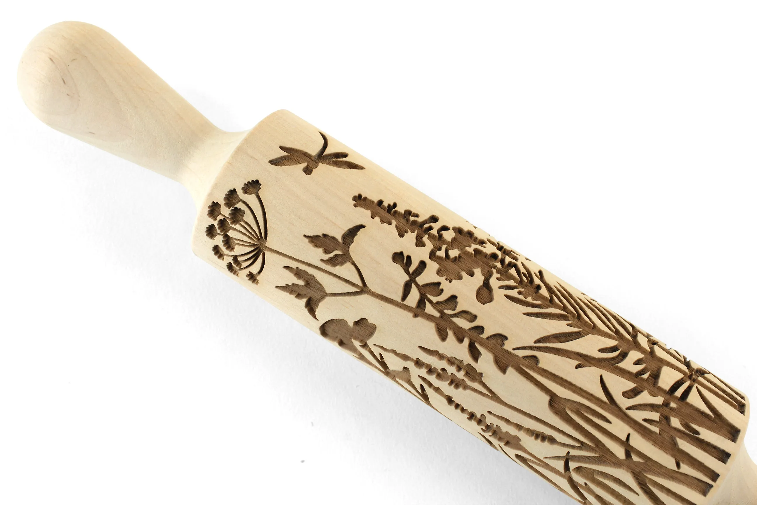 Wild Flowers and Herbs Embossed Rolling Pin, Textured Cookie, Clay Stamp, Pottery Roller, Christmas Gift
