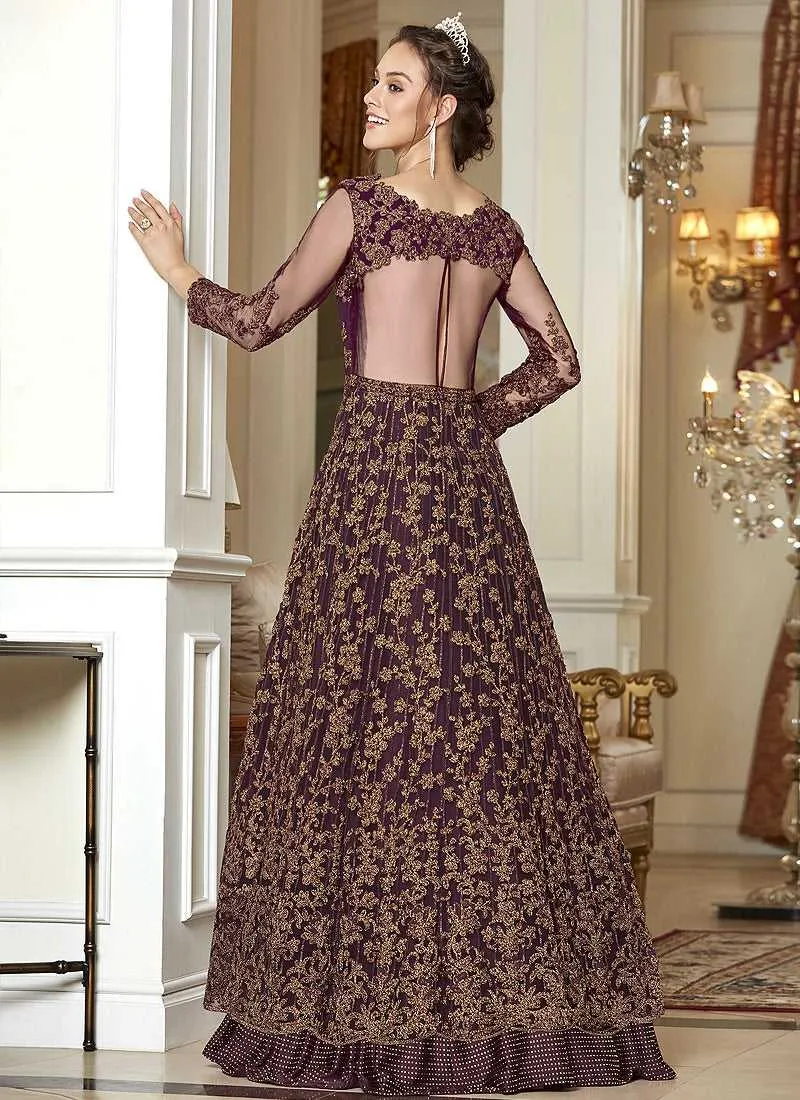 Wine and Gold Heavy Embroidered Lehenga/ Pant Style Anarkali
