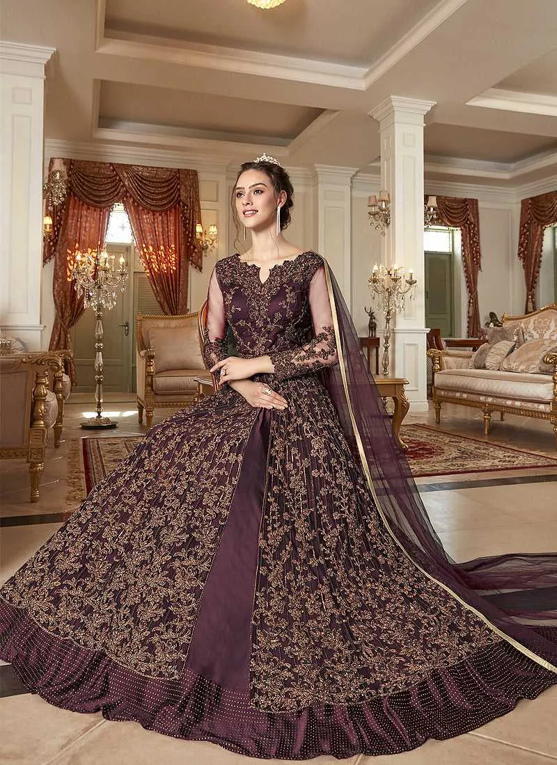 Wine and Gold Heavy Embroidered Lehenga/ Pant Style Anarkali