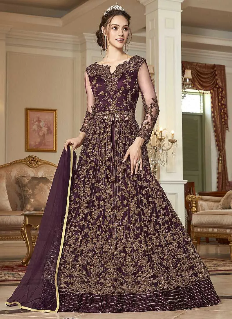 Wine and Gold Heavy Embroidered Lehenga/ Pant Style Anarkali