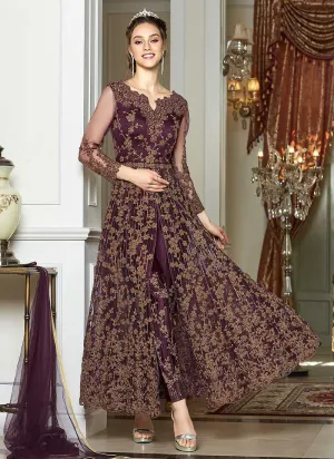 Wine and Gold Heavy Embroidered Lehenga/ Pant Style Anarkali