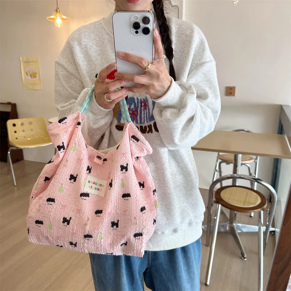 Women's Embossed Rabbit Hand Portable Canvas Commuter Shoulder Bags