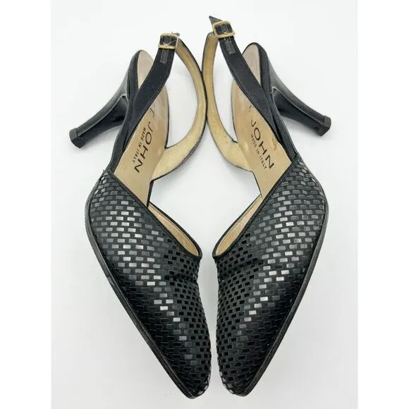 WORN ONCE St. John Slingback Heels Pointed Sparkly  Leather Black‎ Womens 5.5B