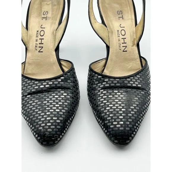 WORN ONCE St. John Slingback Heels Pointed Sparkly  Leather Black‎ Womens 5.5B