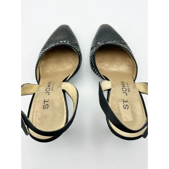 WORN ONCE St. John Slingback Heels Pointed Sparkly  Leather Black‎ Womens 5.5B