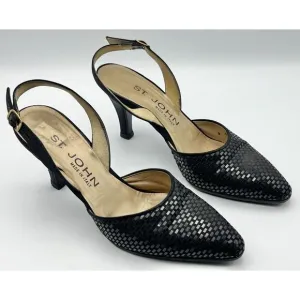 WORN ONCE St. John Slingback Heels Pointed Sparkly  Leather Black‎ Womens 5.5B